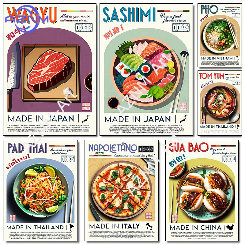 Póster de comida callejera asiática japonesa vietnamita, fideos hechos a mano, sopa Tom Yum Goong, pintura en lienzo, imágenes de pared, decoración para el hogar y la cocina
