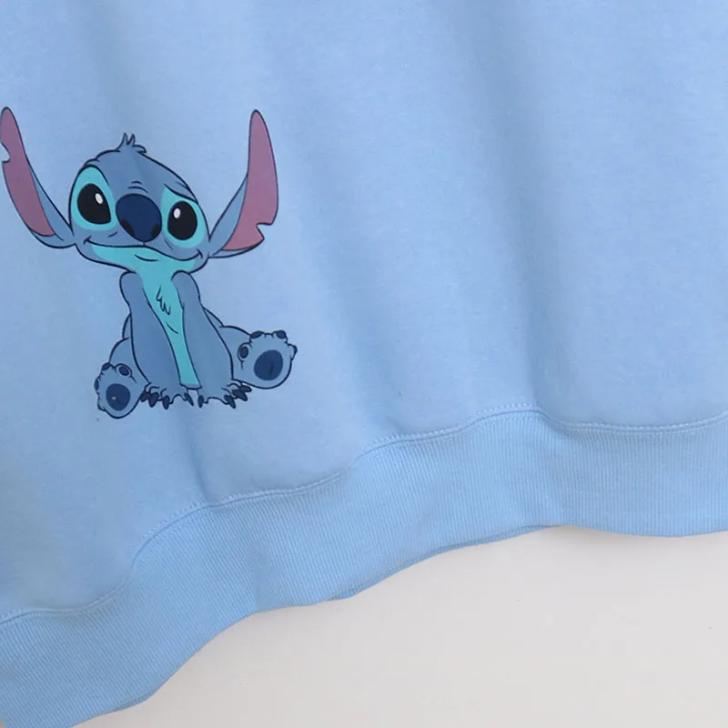 Disney Stitch Embroidery Front Back Print Sweatshirt Women Casual Fleece Pullover Tops O Neck Long Sleeve Female Cartoon Jumper