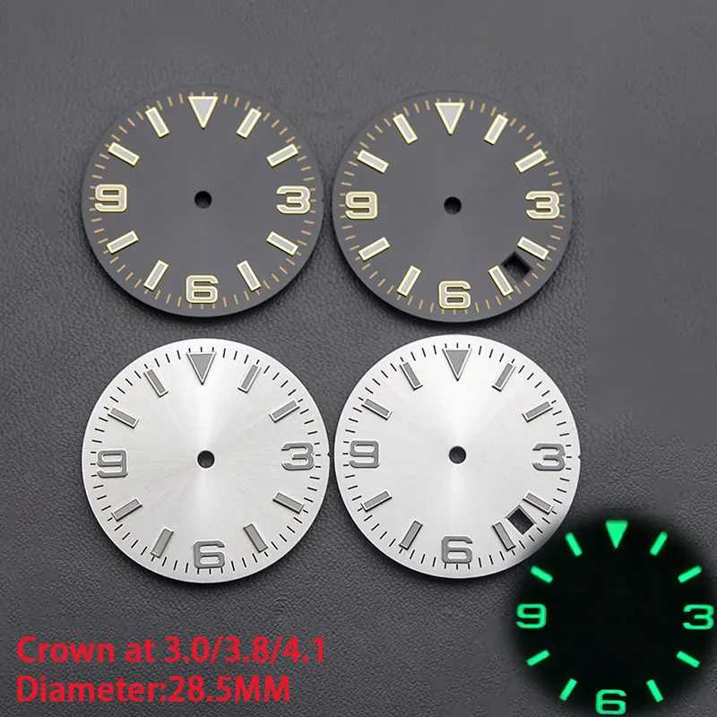 28.5mm Gold Black White Watch Dial Green luminous Fit Japan NH35 NH36 7S26 Automatic Movement fit Seiko Watch Crown at 3.8/3.0/4