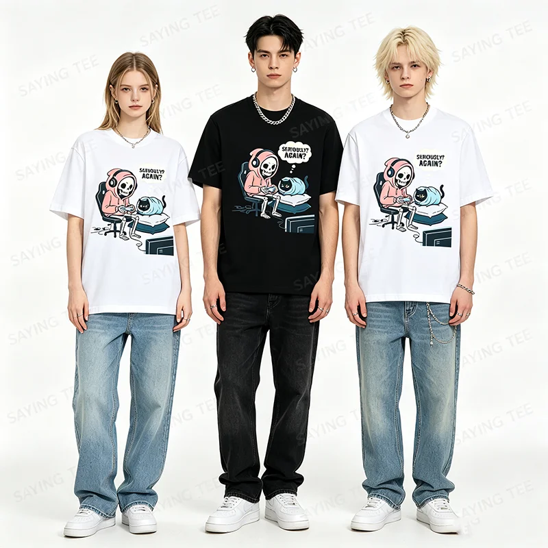 Skeleton Gaming T-Shirt mit Katzengrafik – Lustiges Gamer- & Tierliebhaber-Design, lässiges, weiches Baumwoll-Crewneck-Top für Männer und Frauen, Halloween-Kostüm – Detail 6