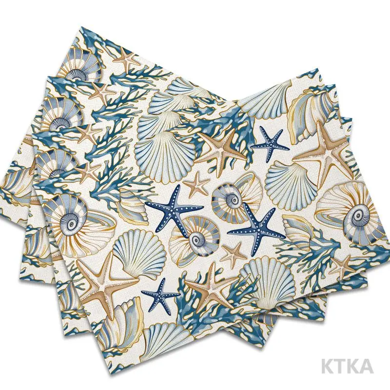 4Pcs, Blue and Gold Shell Starfish Placemats, the Best Placemats, Washable, Suitable for Holiday Parties, Home Decor, Kitchen Countertops, Rectangular Dining Rooms, Make Your Dining Room and Kitchen More Beautiful, Birthday Gifts for Family and Friends, and Housewarming Party Gifts