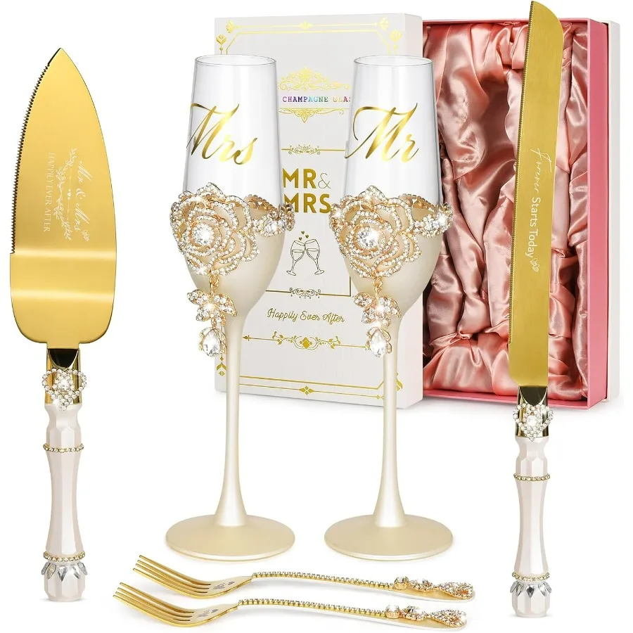 

Engagement Gifts for Couples, Wedding Cake Knife and Server Set, Luxury Handcrafted Champagne Flutes with Rhinestone Rose and Pe