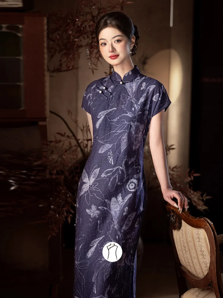 

Linen Full Button Traditional Flat Pattern One-Piece Long Vintage Chinese Style Women's Fashionable Dress
