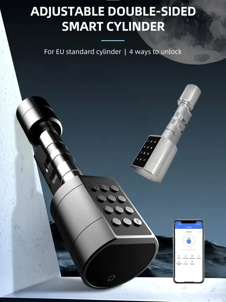 Inteligentny zamki do drzwi w kształcie cylindra Euro, aplikacja ttlock, bezkluczykowy dostęp, zabezpieczenie, klucz mechaniczny, wodoodporny zamek do drzwi z czytnikiem linii papilarnych do domu. — 2