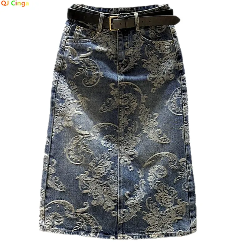 

Vintage-style Women's Jacquard Denim Skirt; Blue, High-waisted, Loose-fitting Straight-leg Skirts.