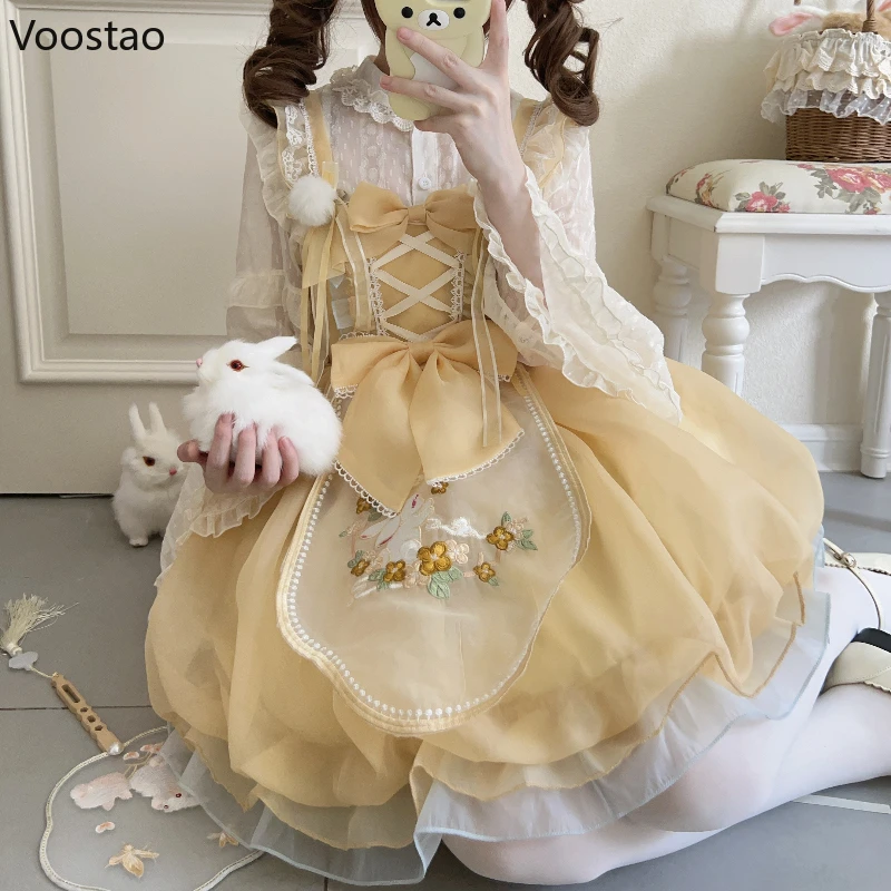 Vestido de princesa Bordado de conejo con lazo Kawaii para mujer, Blusa con volantes de encaje, conjunto de 2 piezas, Mini vestido de fiesta para niñas, dulce Lolita Jsk