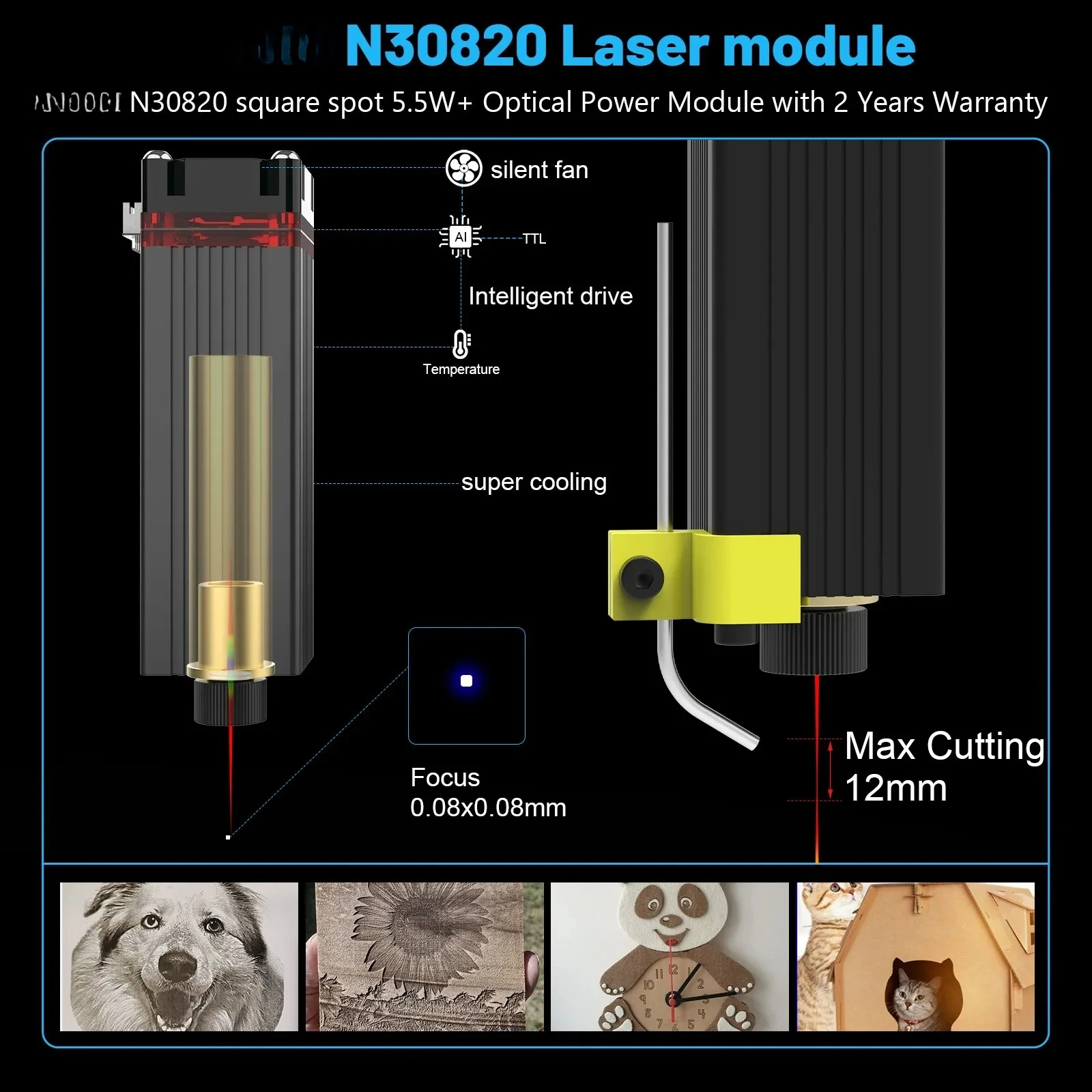 N30820 Laser Module 40W 450nm Blue Light Laser Head for DIY Wood Engraving and Cutting Tool