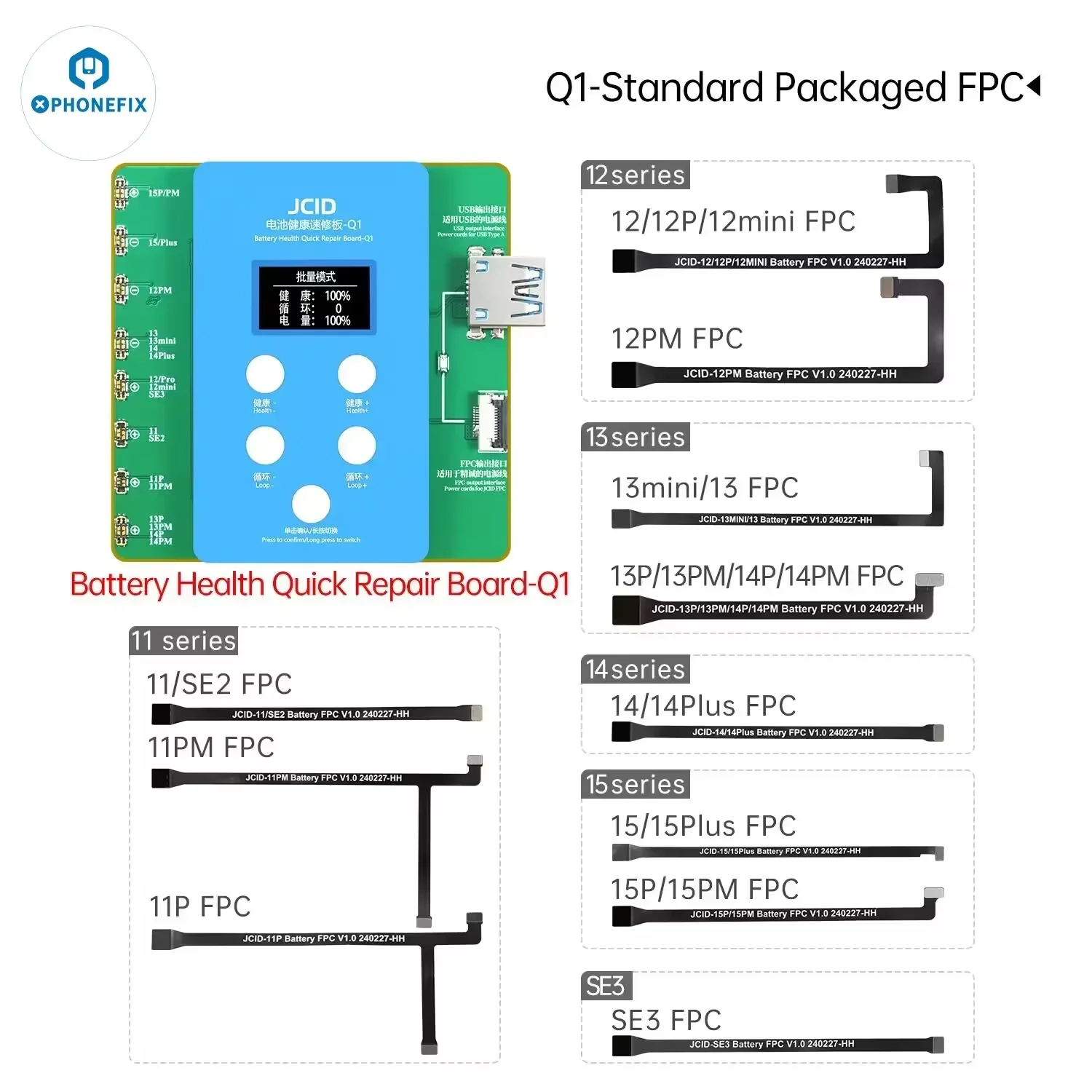 JC Q1 Saúde Quick Detection bateria para iPhone, ciclo de bateria Modificar, Leitura de dados, escrita, JCID, eficiência Tester, 11-15PM