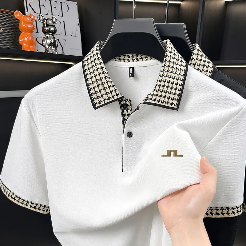 Herren-Poloshirt mit Kontrastkragen, Kurzarm, Hahnentrittmuster-Besatz, Lässiges Sommer-Oberteil, Atmungsaktives Piqué-T-Shirt, Reguläre Passform, Modisches Hemd