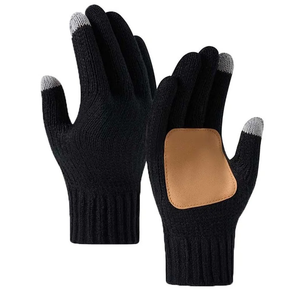 Leather Patch Touchscreen Gloves Knitted Wool Solid Color Winter Knit Mittens Soft Texture High Quality Woolen Warm Gloves