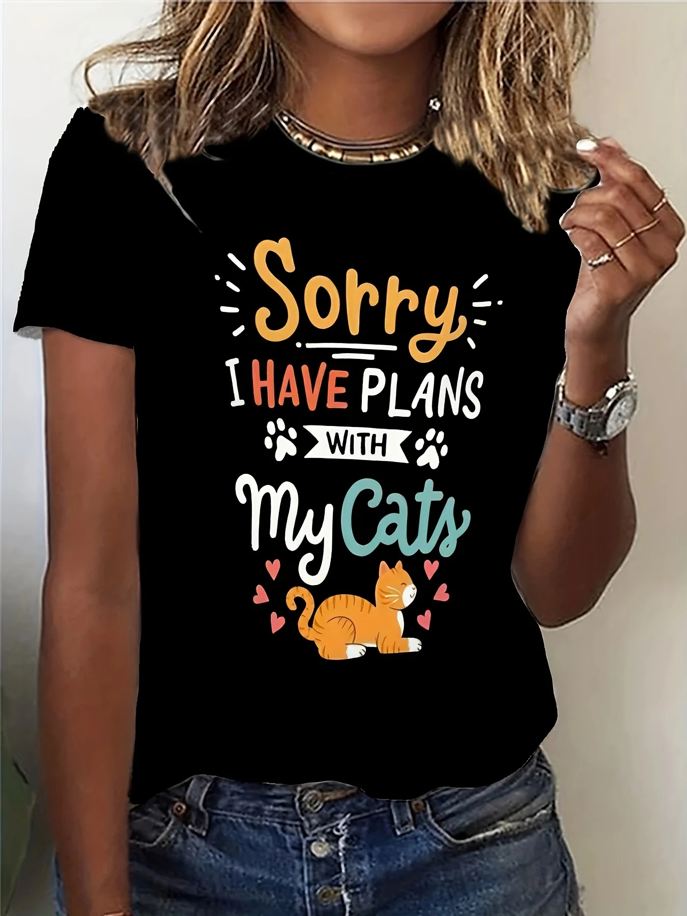 

Cat Print Crew Neck T-Shirt, Casual Short Sleeve T-Shirt For Spring & Summer, Women's Clothing