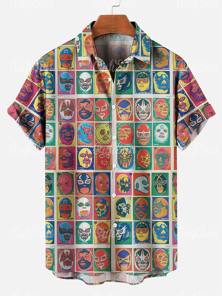 Horror Face Shirt For Men Mask Plaid Pattern Short Sleeved Shirt Top Summer Casual Tees Oversized Blouse Hawaiian Men\'s Clothing