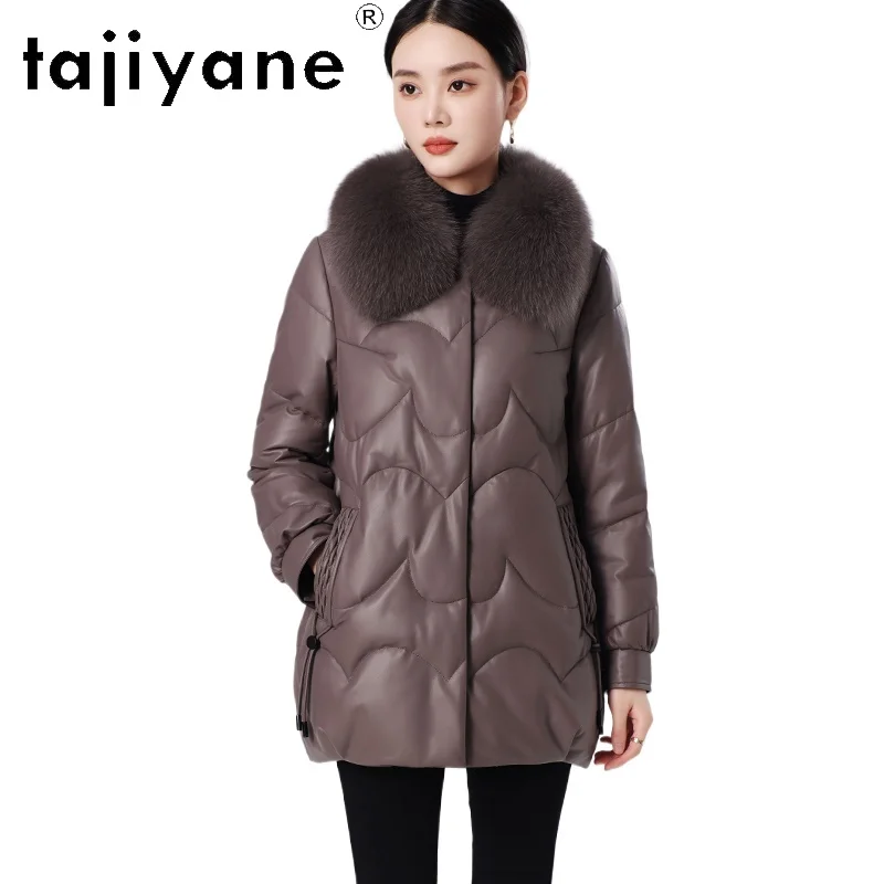 TAJIYANE 100% Skórzany płaszcz puchowy z owczej skóry dla kobiet, średniej długości, kurtka ze skóry naturalnej, kołnierz z futra lisa, płaszcze zimowe 2025, nowa kolekcja odzieży damskiej 신상아우터