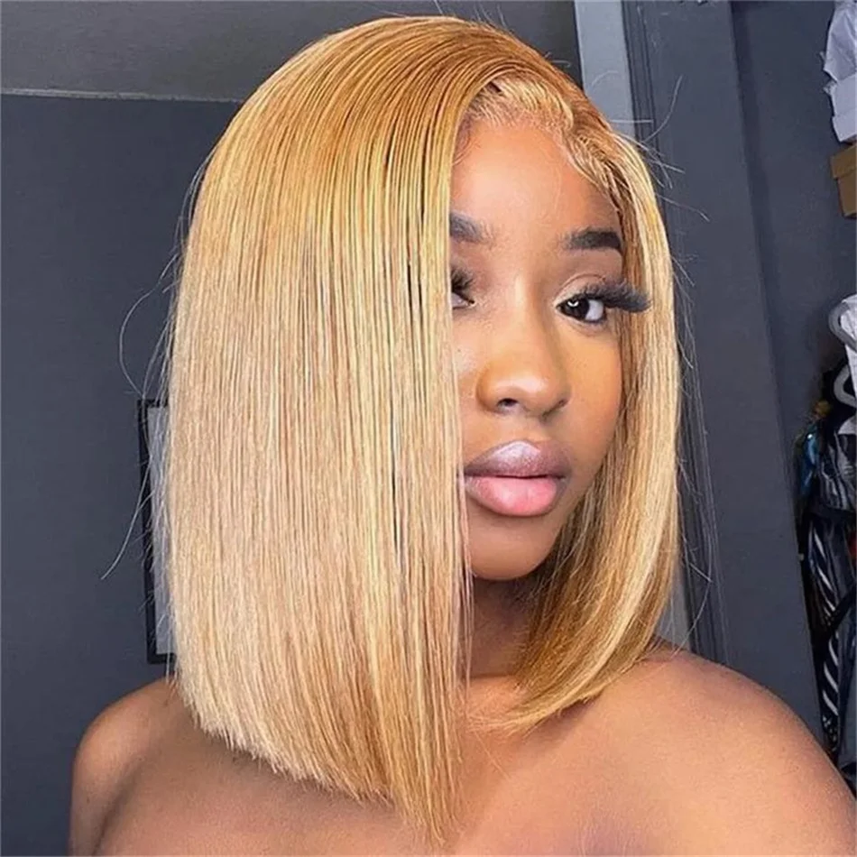 Short Cut 27# Bob Wig Pre Plucked Bone Straight Honey Blonde Lace Frontal Wigs 13x4 Lace Front Human Hair Wigs 100% Human Hair