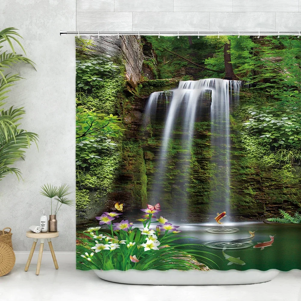 Forest Waterfall Scenery Shower Curtain Hooks Spring Nature Landscape Bathroom Curtain Woodland Tree Curtain For Bathroom Decor