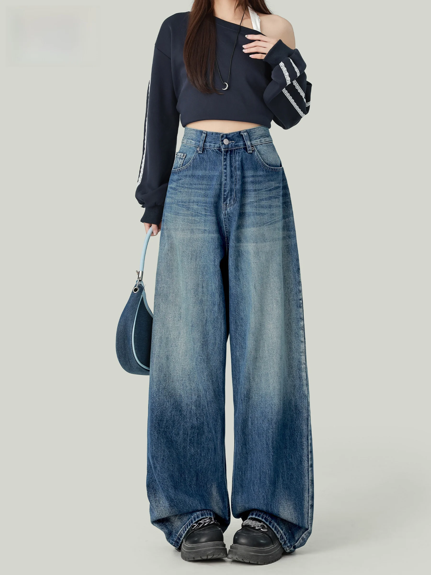 

Женские джинсы с высокой талией в стиле ретро, с эффектом потертости и градиентом, свободного кроя, визуально стройнящие, широкие брюки в пол, повседневный стиль, с пуговицами