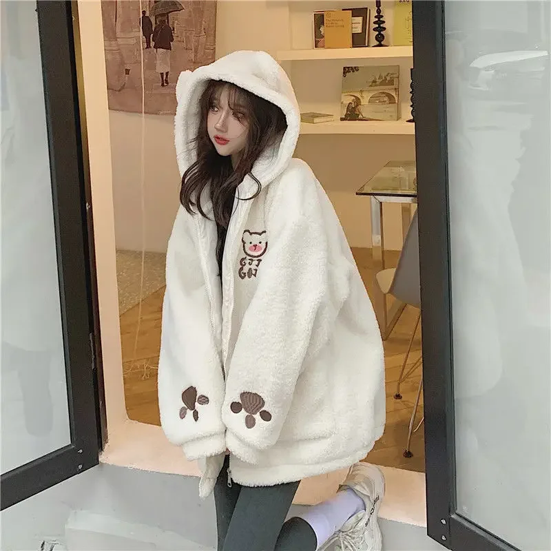 Lamb Wool Women Y2k Sweatshirts Kawaii Korean Zipper Coats Fleece Thick Oversize Bear Ear Print Hooded Preppy Style Harajuku