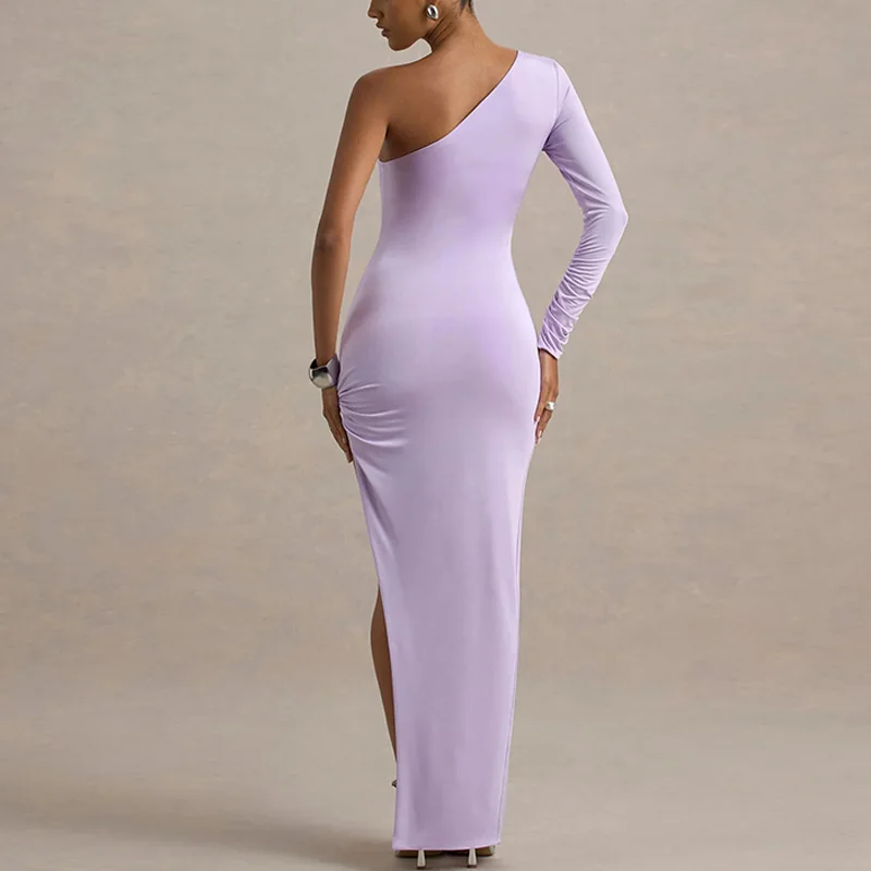 뉴 레이디스 하이 스플릿 플리트 칵테일 웨딩 파티 원피스 하이 엔드 섹시 타이트 원 숄더 새틴 댄스 파티 원피스 신부 들러리 옷