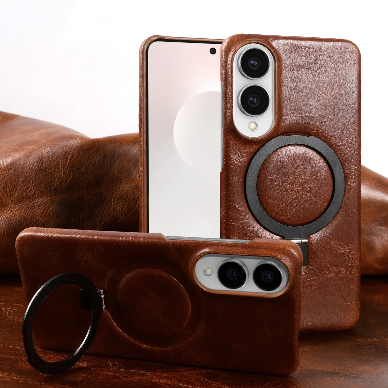 

Foldable Bracket Stand Genuine Leather Phone Case For Samsung Galaxy S25FE S24 S23 S22 S21 S20 Kickstand Protective Back Shell