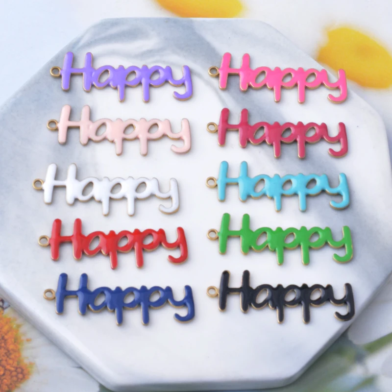 10 Stück Kupfer-Anhänger in Form von Buchstaben „Happy“ mit beidseitiger Emaillebeschichtung, Öltropfen-Optik, für DIY-Schmuckdekoration. – Detail 1