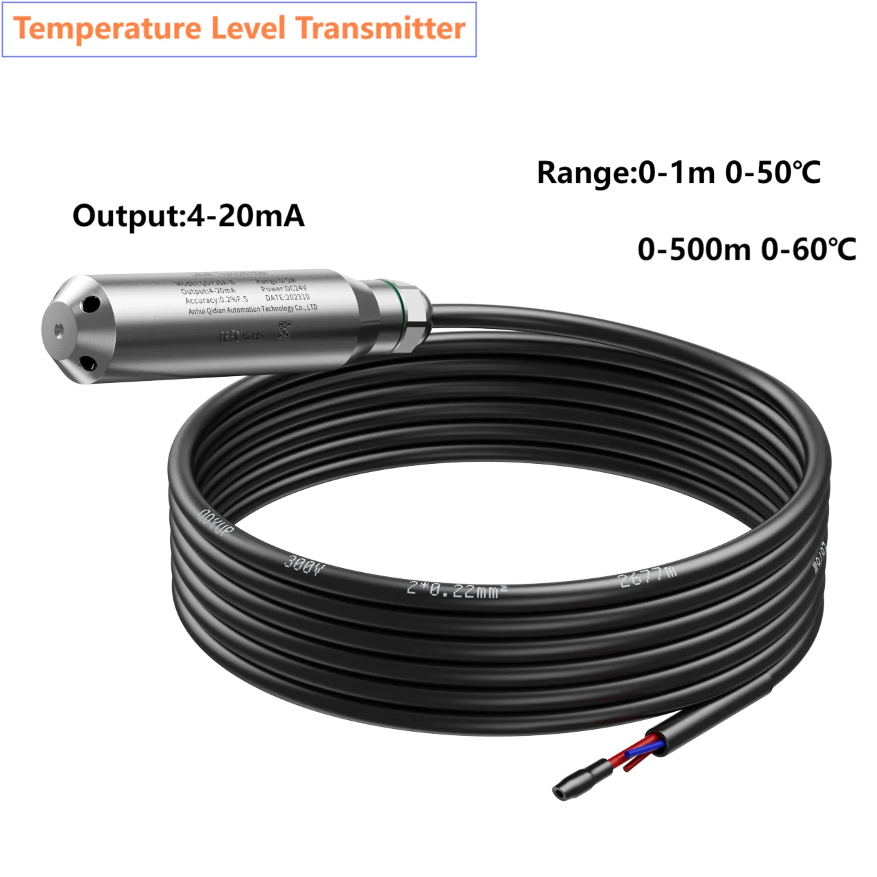 

0-40℃ 0-50℃ to 4-20mA Temperature & Level Sensor 500M IP68 304 Stainless Steel DC24V Integrated Temperature Level Transmitter