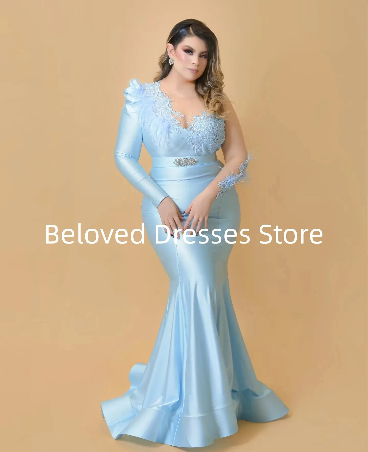 Sparkling Diamond Mermaid Evening Dress Big Round Leader Decal Feather Ball Dress Plus Size Sexy Fishtail Style FormalPartyDress