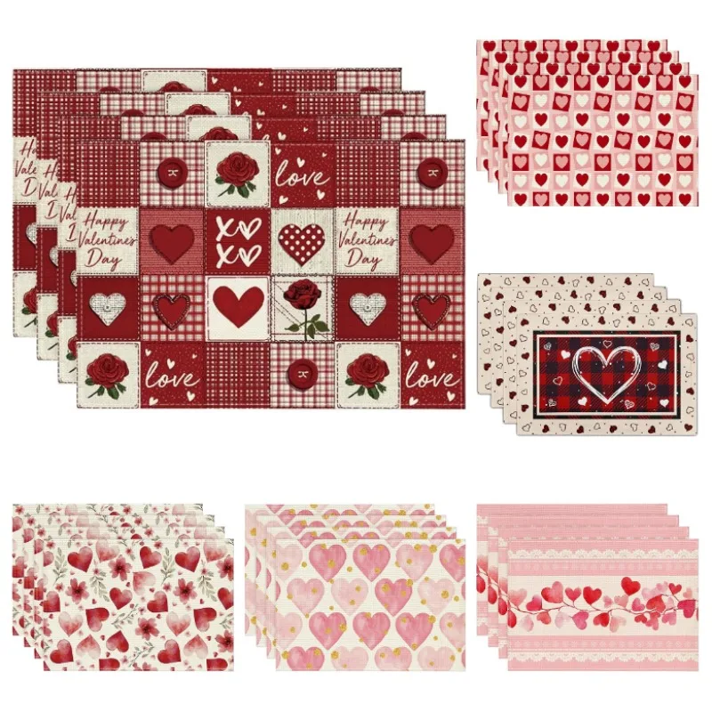Valentinstag Leinen Tischset Patchwork Herz Design Muster Tischset Romantische Wohnkultur Geschirr Anti-Rutsch-Matten