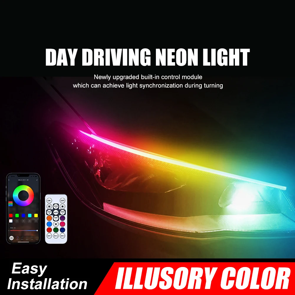 2PCS Car LED Neon Light DRL RGB Daytime Running Light APP&Remote Control Taillight Strip Colorful Flowing Turn Signal Waterproof