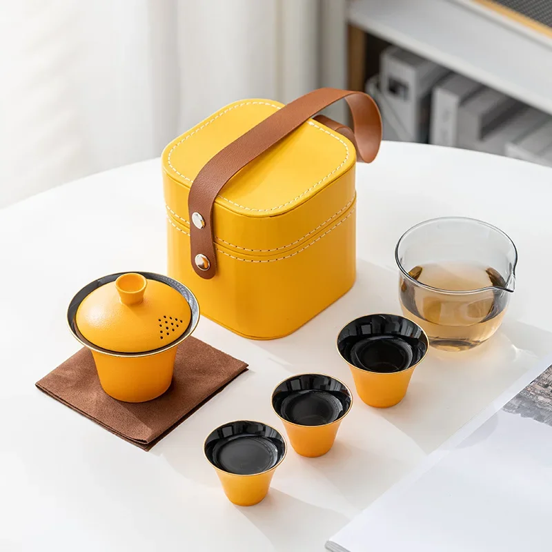 Travel Tea Set Portable Ceramic Fast Customer Cup One Pot Three Cups Business Festival Souvenir Gift Cover Bowl Brew Tea Cups