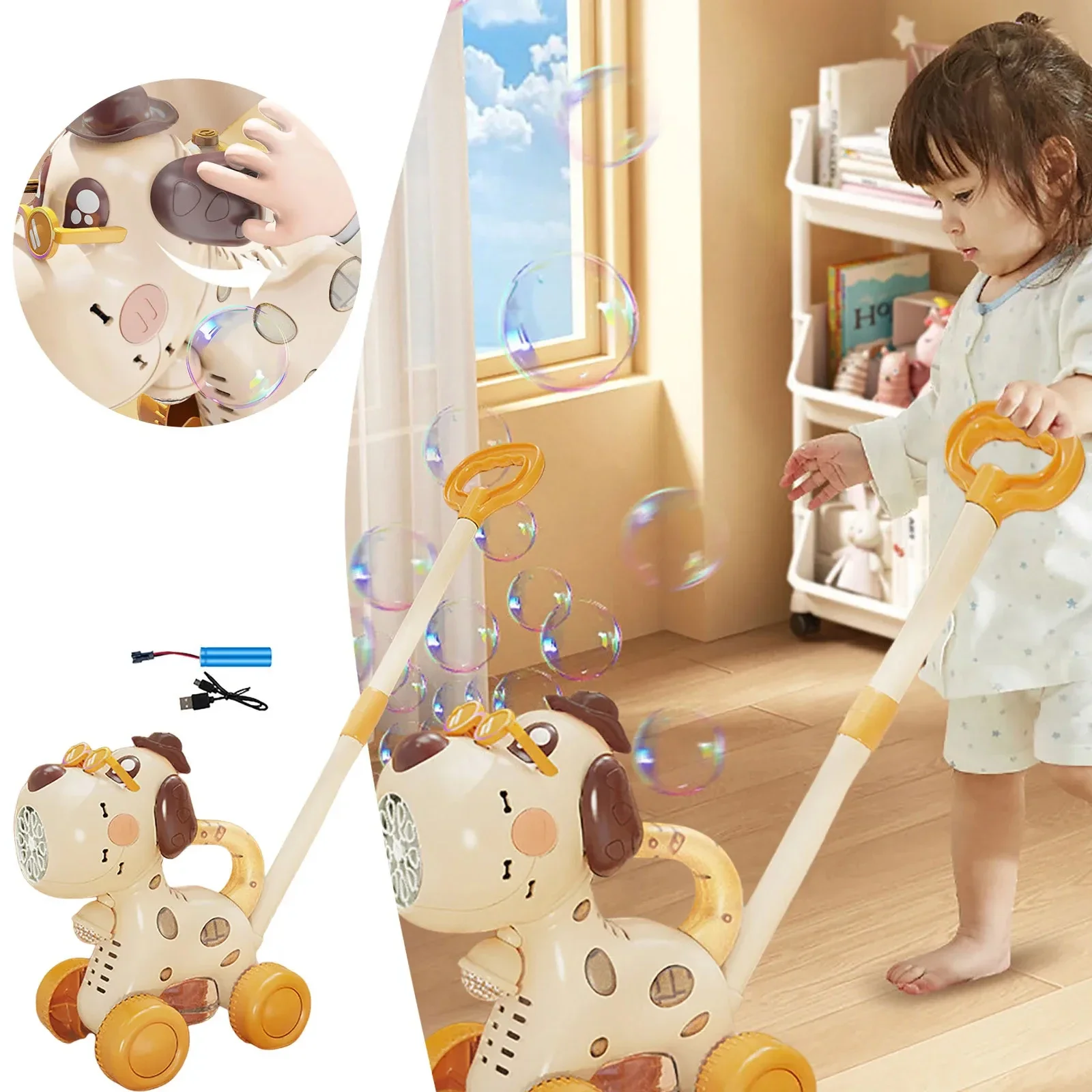 Carro eléctrico de burbujas para animales, máquina sopladora de burbujas de jabón automática de mano 2 en 1, carrito para niños pequeños con música, juguete para exteriores, regalo de fiesta
