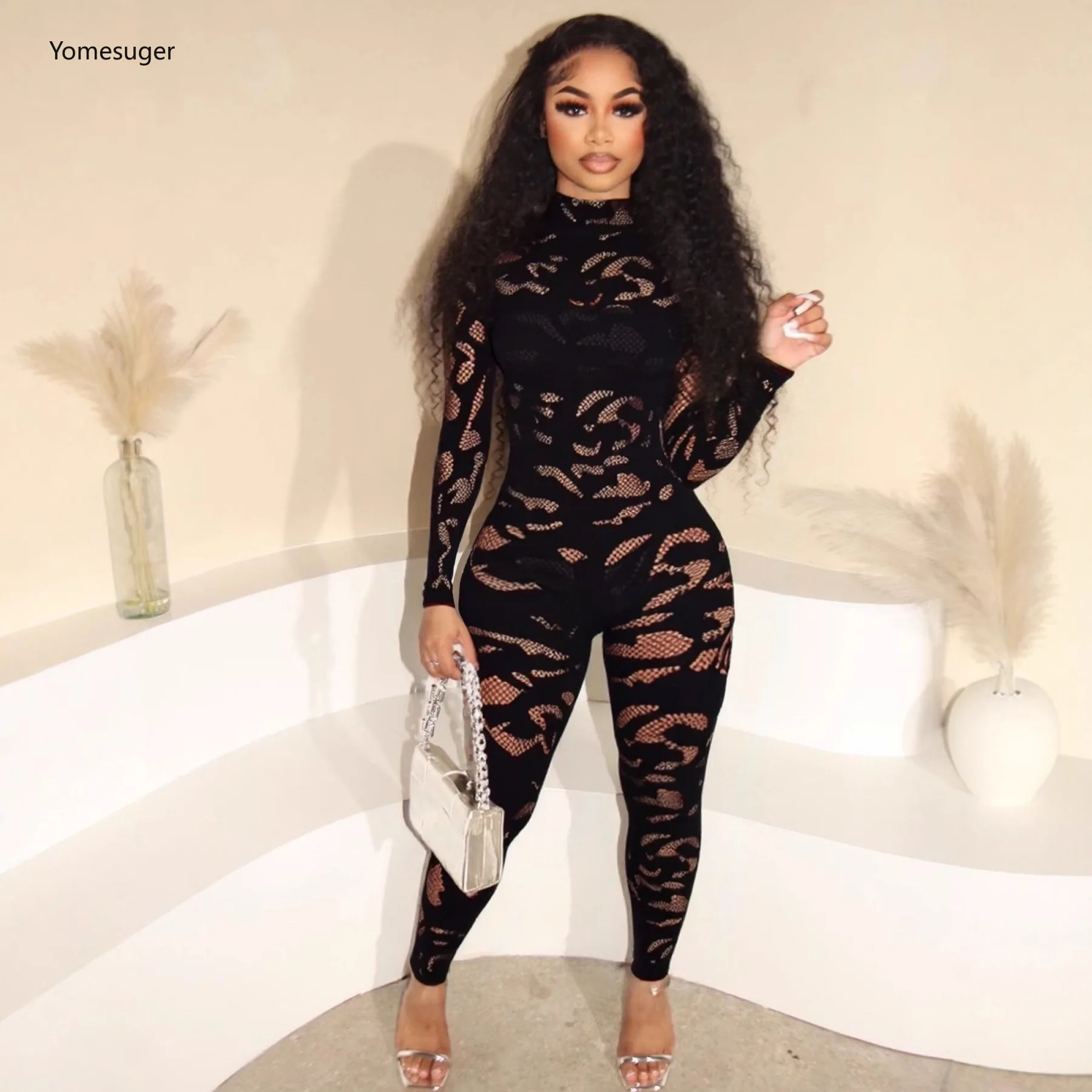 

Yomesugar Women's Sexy See Through Lace Jumpsuit Fashion Long Sleeve Round Neck Bodycon Rompers Coquette Midnight party Clubwear