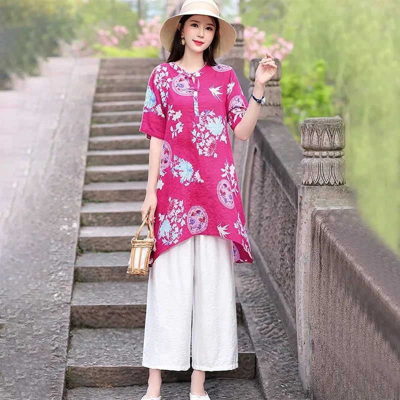 Women Ethnic Floral Print Frog Button Short Sleeve Top Wide Leg Capri Pants Two Piece Set view 4