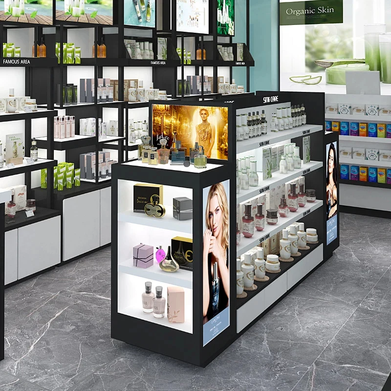 custom.Modern Cosmetic Island Display Cabinet with Drawers Double-Sided Painted with Ambient Light Skincare Display