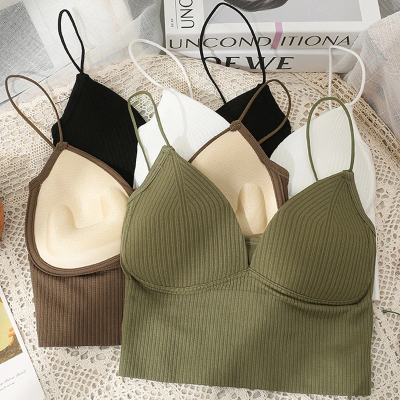 French Style Crop Top Camisole Bra Slim Fit Sexy Stretch Push Up Bra with Chest Pads Cropped Navel Short Tube Top V-Neck Tops