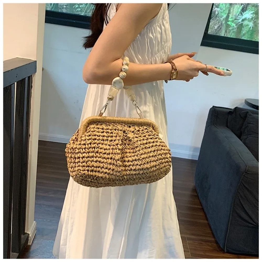 Styling Straw Woven Handbag Solid Color Chain Strap Clutch Purse Large Capacity Shoulder Bag Beach Outing