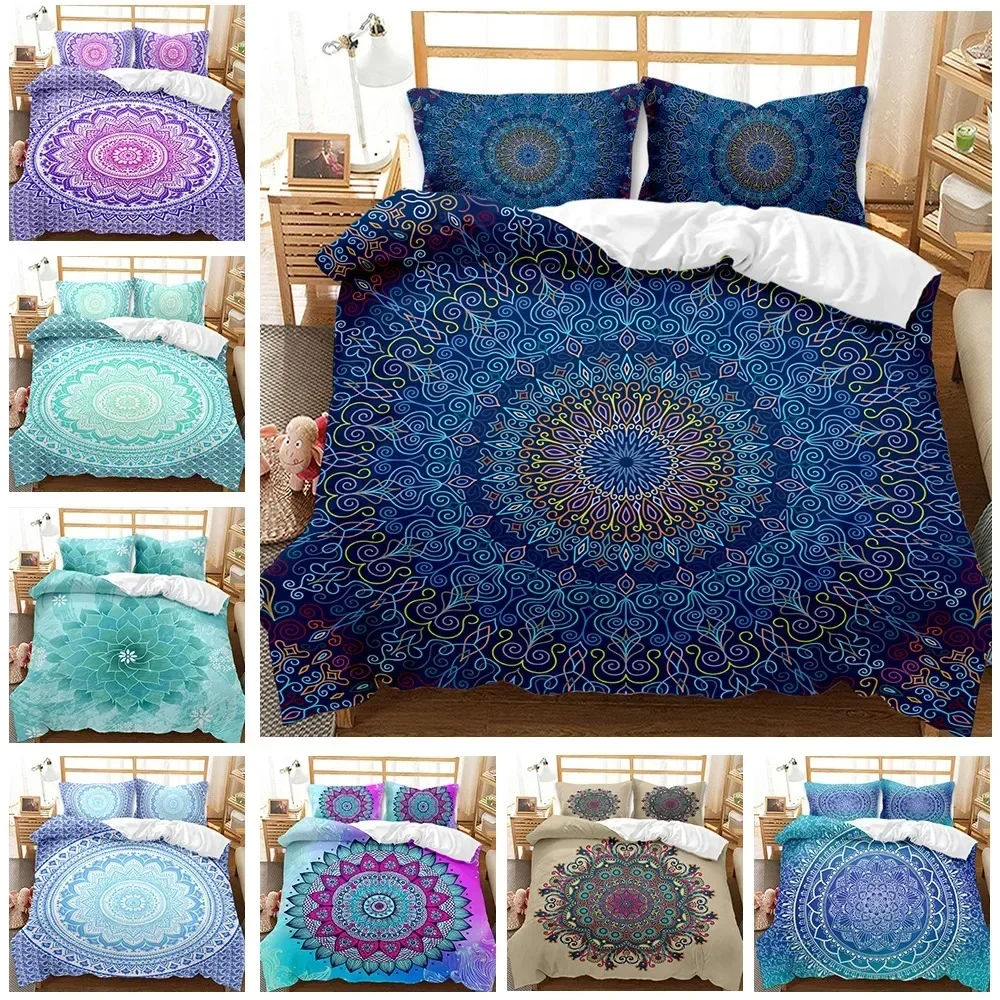 Bohemian Mandala Duvet Cover Set Twin Queen King Full Size,Blue Boho Chic Microfiber Bedding Set for Boys, Girls, Kids and Teens