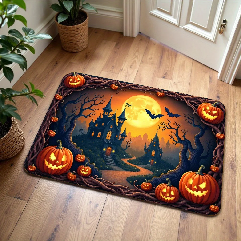 Spooky Halloween Doormat Entrance Mat Decoration Haunted House Pumpkin Fall Seasonal Home Decor Gothic Autumn Porch Rug Mat