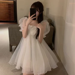 Women Sexy Mesh Skirt Sweet Kawaii Japanese Fairy Party Elegant Dresses Summer Fashion Bubble Sleeve White Short Sleeve Dress