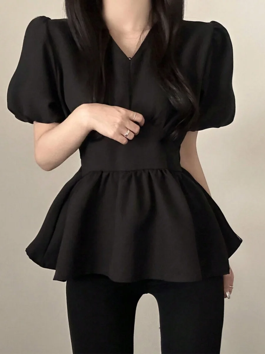 

Ele V-Ne Bubble Sve ort Sve irt Женская шикарная летняя высококачественная облегающая блузка с застежкой на талии в Корейском стиле