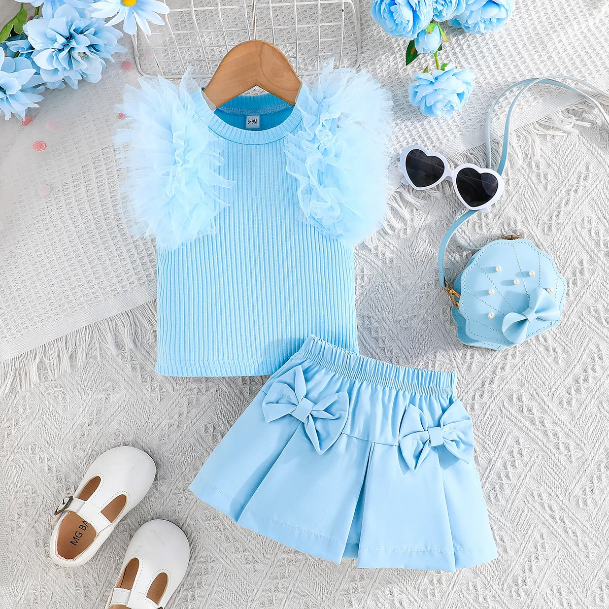 

Kid Girl Dress Ribbed Knit Top Tulle Ruffle Sleeves Matching Bow Decorated Skirt Outfit Two Piece Set baby Skirt for Children