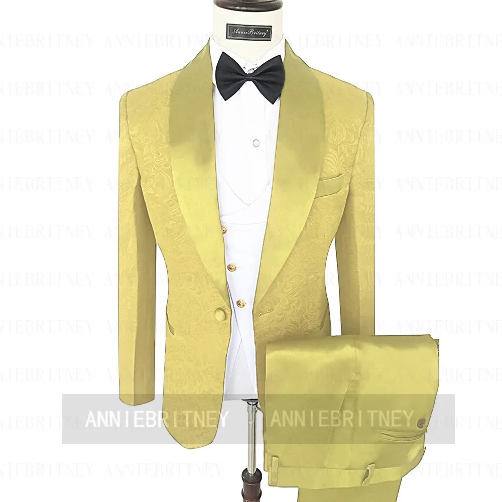 Luxury Yellow Jacquard Formal Wedding Elegant Men Suit Groom Tuxedo Prom Slim Fit Blazer High Quality Custom 2 Piece Set Costume