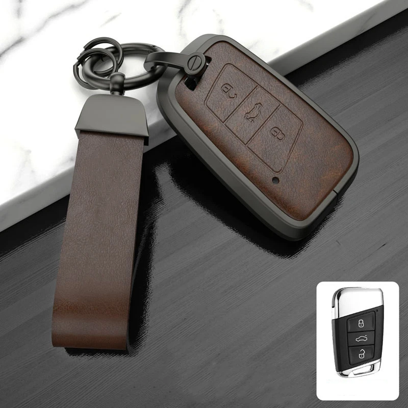 Leather Alloy Car Remote Key Case Cover Holder Shell Fob For Volkswagen VW Magotan Passat B8 For Skoda Superb A7 Key Ring