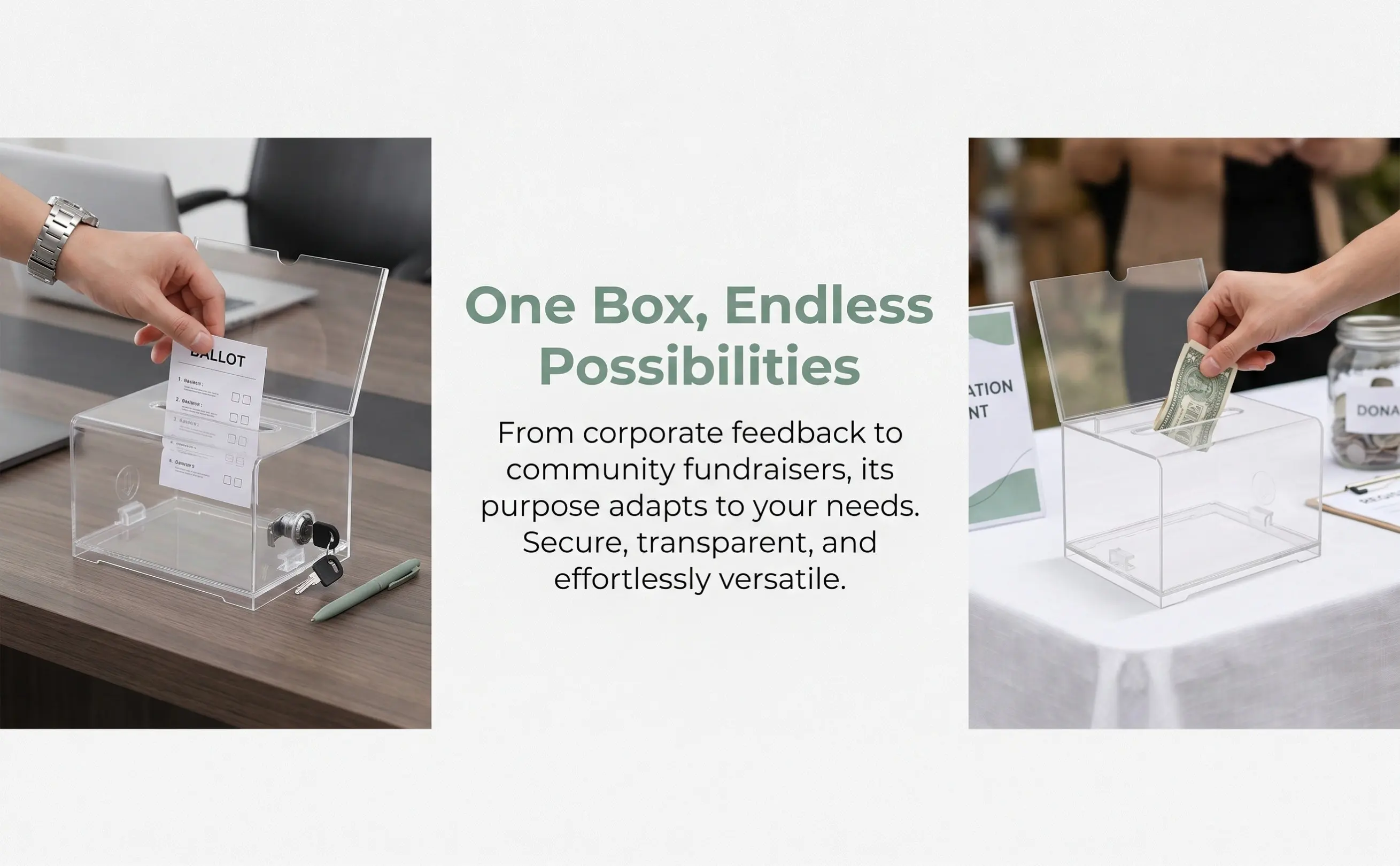 Suggestion Box Clear Acrylic Sturdy Lockable Ballot Case for Fundraising Donation Collection in Office School Restaurant with 2