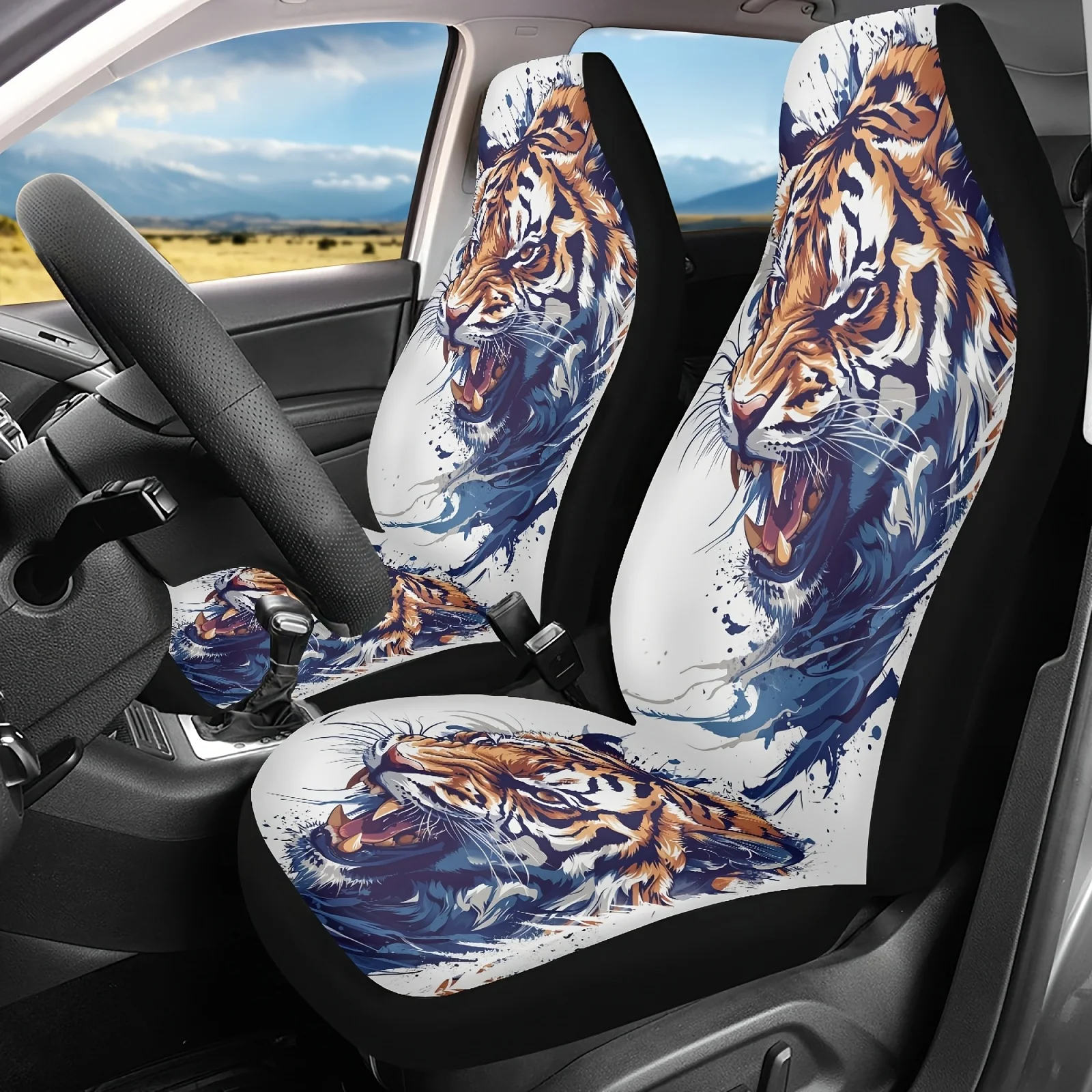 2pcs Splashing Tigers Printed Seat Covers, Universal Car Covers Suitable For Sedans, SUVs And Trucks, Washable And Easy To Insta