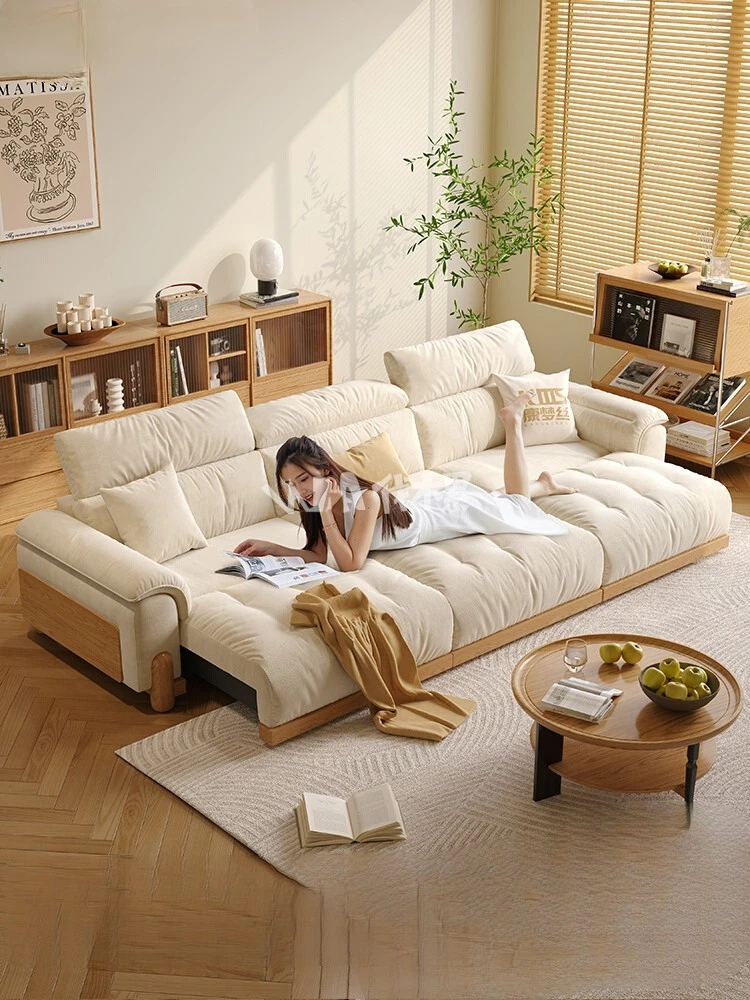 Japanese cream wind electric functional sofa three modern simple living room fabric sofa bed small flat solid wood