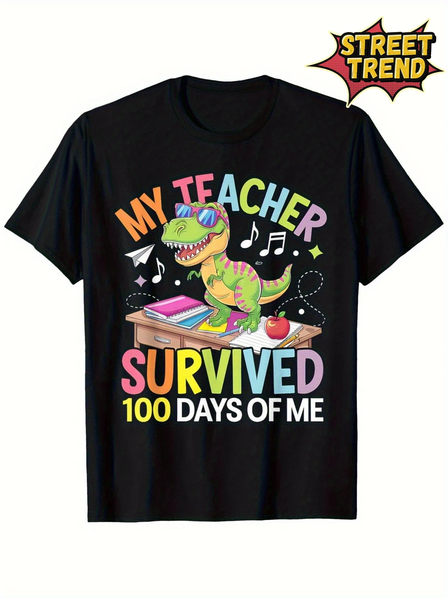 Boys 100 Days Of School Dinosaur Explosion Print T‑Shirt, Soft Cotton Black Street‑Style Kids Top