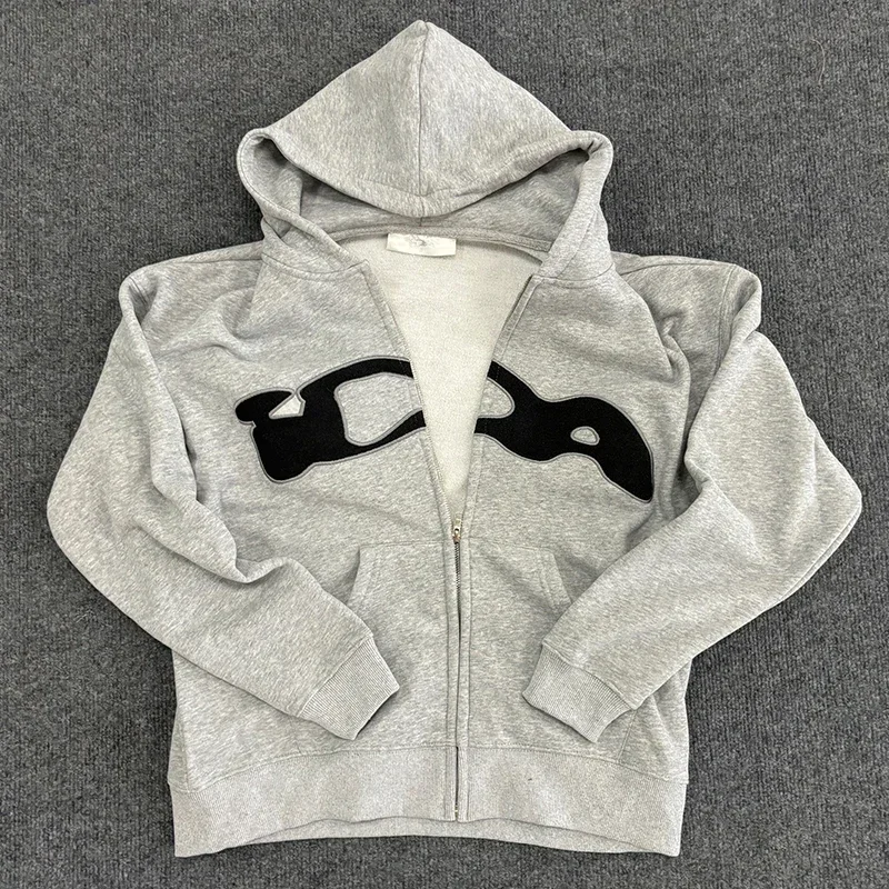 Men Women Hoodie Ida sply Cotton Chest Towel Embroidery Label Zipper Sweatshirts Harajuku Casual Gray Loose Y2k Pullovers #3