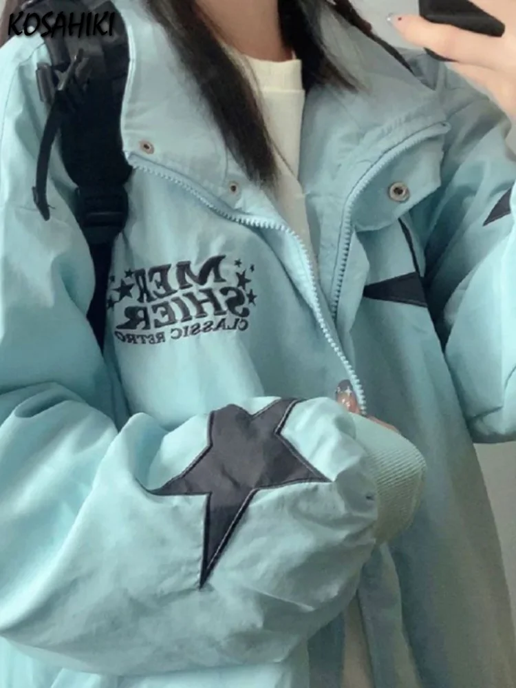 Y2k Aesthetic Star Patchwork Vintage Women Jackets Letter Embroidery Loose Streetwear Fashion 2024 Spring Harajuku Tops