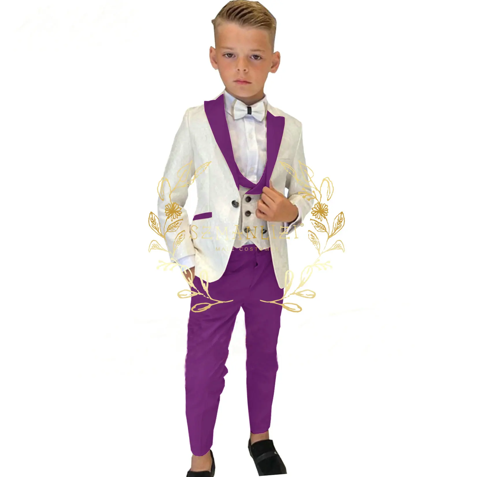 

Suit For Boys Kids Wedding Tuxedo Formal Ivory Floral Jacket Set 3 Piece Peaked Lapel Blazer Vest Pants Fashion Child Costume