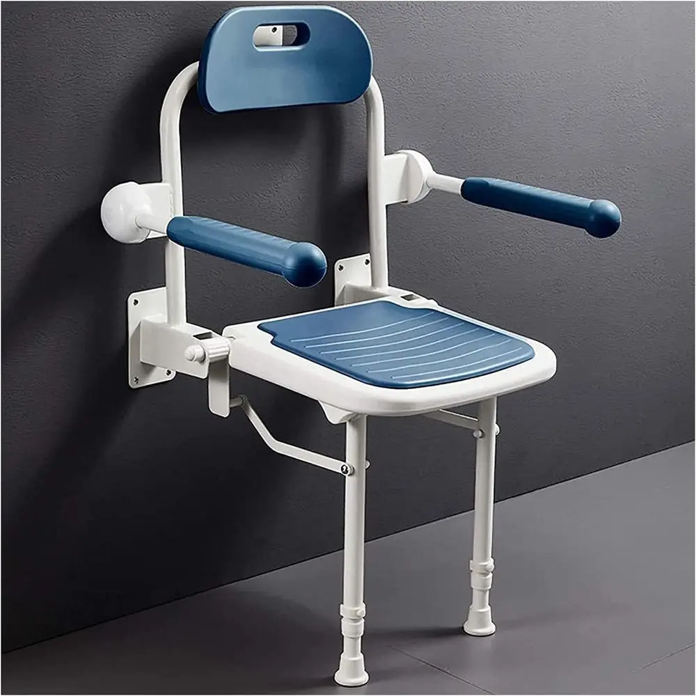 Portable Senior and Disabled Shower Seat with Armrests, Support Legs, and Wall Mount - Blue Bath Stool